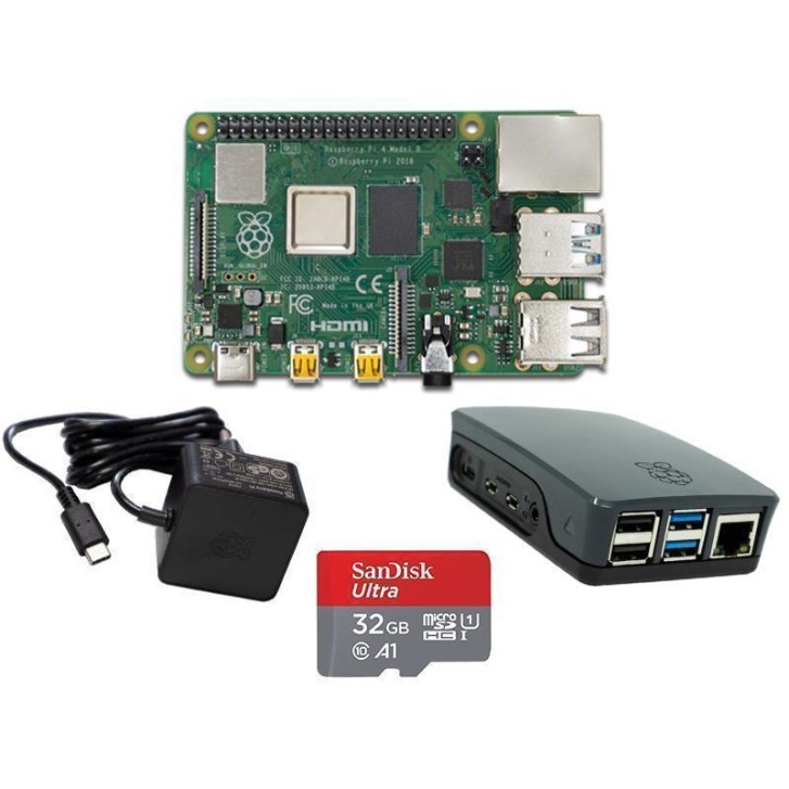 Raspberry Pi 4 Modell B Bundle offiz.Teile Grau/Schwarz RPi mit 2GB RAM Sandisk MicroSD 32GB