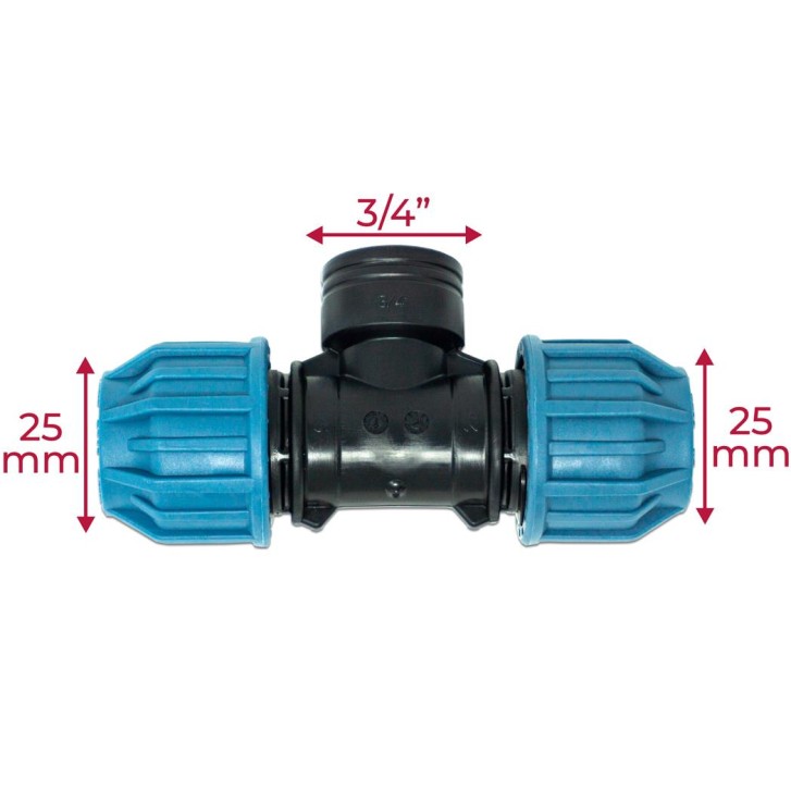 Jason T-Stück 90° PP 25 mm x 3/4" x 25 mm Klemm x Innengewinde x Klemm 16bar Schwarz/Blau DVGW/KIWA/WRAS/SVGW S1