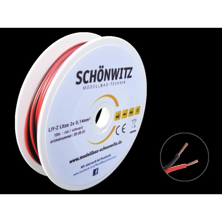 Schönwitz 50148 10m LIYZ Zwillingslitze 2x 0,14mm² rot / schwarz